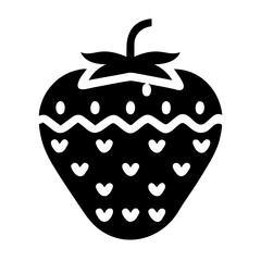 Stylized Black and White Strawberry Icon with Decorative Patterns and Leaves