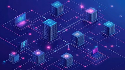 Load-balanced server environment visualized in schematic view with traffic distribution arrows and mirrored backend services for high-availability architecture