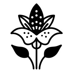 Stylized Black and White Flower with Spots and Leaves Illustration Artwork