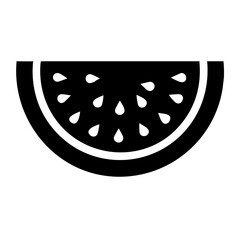 A black and white drawing of a watermelon wedge with seeds inside