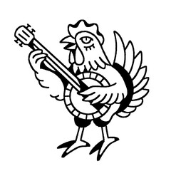 Happy rooster playing a banjo, a traditional tattoo illustration.