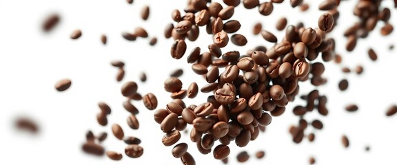 Obraz premium A cascade of dark roasted coffee beans falling against a bright white background, shallow depth of field, motion blur, cascade