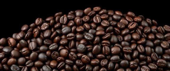Obraz premium Close-up of dark roasted coffee beans against a black backdrop; ample copy space, detail, organic