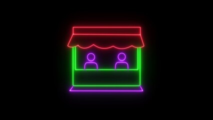 Glowing store icon. neon shopping building icon glowing effect on black background. Modern glowing storefront facade design.