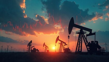 Oil rigs and stock market charts overlayed against a dramatic sunset sky. Symbolizes energy sector finance, commodity trading, investment growth, and economic volatility.