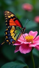 Close-up of a vibrant Papilio machaon butterfly on a flower , flora, black, macro photography