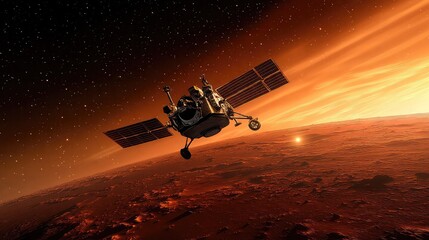 Mars rover equipped with radar beams scanning red alien terrain for geological analysis, dust particles in motion, and AI-powered planetary exploration