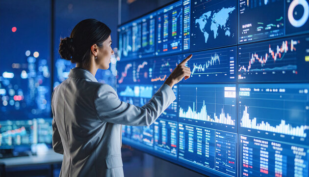 Data Analyst at Work: A focused female data analyst, dressed in professional attire, intently studies intricate financial charts and complex data visualizations displayed on large digital screens.