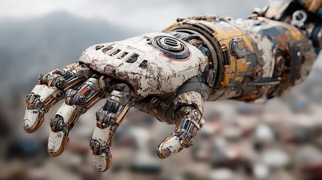 Weathered robotic hand reaches; intricate details, rusty, worn metallic surface, junkyard background
