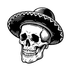 skull wear sombrero hat engraving black and white outline. Scratch board imitation.