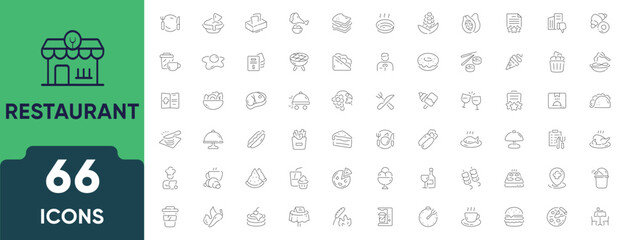 Restaurant, café, and bistro line icon set. Includes 66 outline icons related to dining, food service, cutlery, dishes, and hospitality. Linear icon collection. Editable stroke.