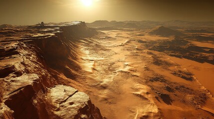 Mars rover mission data visualized from red planet terrain with surface scans, robotic arm actions, AI navigation path, and satellite uplinks