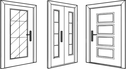 Three Different Door Designs Line Art on Transparent Background