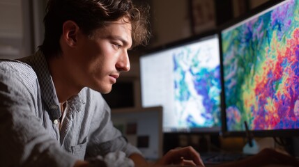 Man analyzing data on multiple computer screens in a modern work environment during evening hours