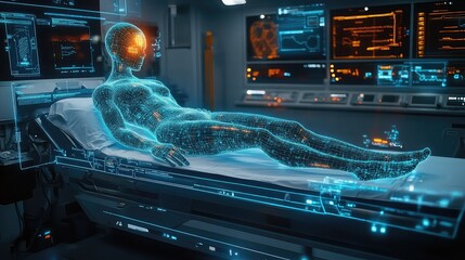 Medical diagnostics robot scanning patient body using multispectral imaging and AI anomaly detection software