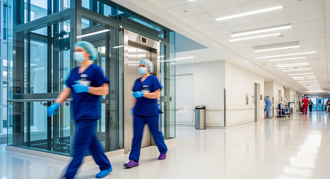 Hospital Corridor: Medical Professionals in Surgical Scrubs