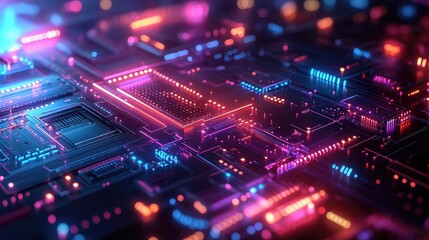 Obraz premium Neon-infused cognitive computing unit illustration featuring virtual circuits, layered processors, and futuristic AI signal paths in vibrant digital art