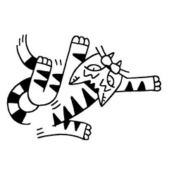 A hand-drawn line art illustration of a playful tiger cat
