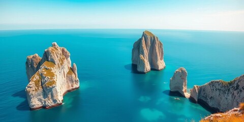 Iconic Capri Faraglioni sea stacks rise dramatically from the turquoise Mediterranean Sea near Naples, Italy,   panorama,  travel
