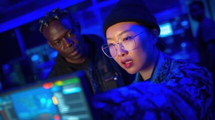 Tech collaboration in a modern workspace urban office digital interaction neon environment close-up view innovation insights