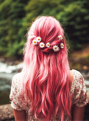 Photo of a woman with pink hair, back view, small white flowers in her hair, outdoor background