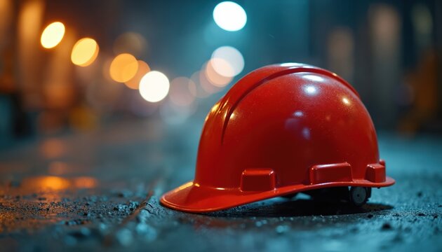 Red hard hat rests on dark ground at construction site. Blurred bokeh lights in background suggest night work. Essential safety equipment for labor and industry projects. - Powered by Adobe