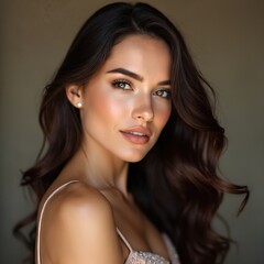 Obraz premium Pro studio portrait of elegant woman with naturally glowing skin, subtle makeup. Radiant look exudes confidence, sophistication, with soft lighting accentuating features. Healthy, youthful