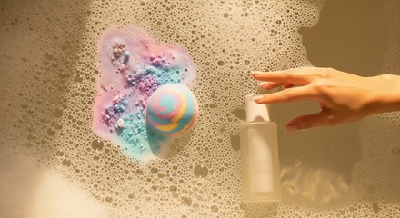 Woman's hand reaching for bath bomb and bottle in bubbly water