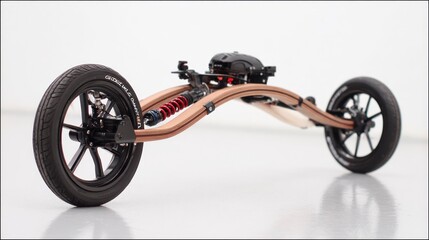 Innovative wooden chassis tricycle with compact electric motor studio product photography clean modern design