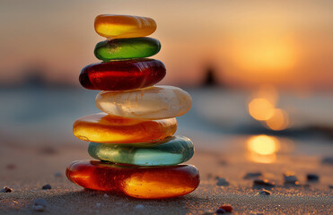 Stack of colorful sea glass pebbles balanced on a beach at sunset time