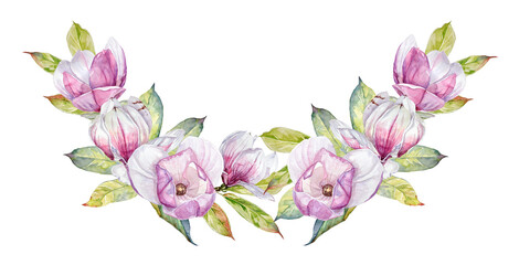 Watercolor spring composition with hand-painted elements of purple and pink magnolia flowers and leaves on a transparent background. Wedding design elements.