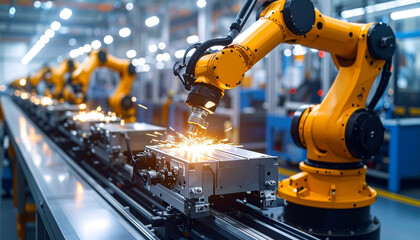 Industrial Automation in Action: Highlighting the intricate processes and the technological innovations within an industrial setting, with focus on robotic arms in manufacturing.