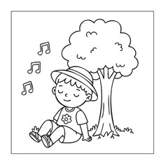Cartoon Boy Relaxing Under a Tree, Peaceful Summer Coloring Page