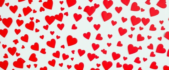 Scattered red hearts on a white background, creating a romantic, celebratory feel, symbol, romance
