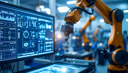 Fototapeta premium Robotics in Modern Industry: An eye-level perspective presents a high-tech assembly line of robotic arms working in a futuristic environment, with a focus on data analytics.