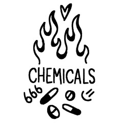 Abstract doodle art, burning chemicals with pills and symbols