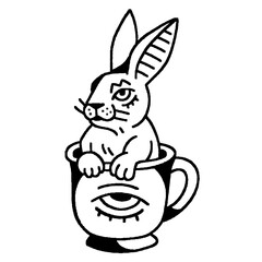 Mystical rabbit character with a third eye in a tea cup