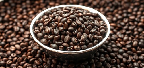 Fototapeta premium Silver bowl overflowing with dark roasted coffee beans, nestled on a bed of beans, macro, coffee bowl