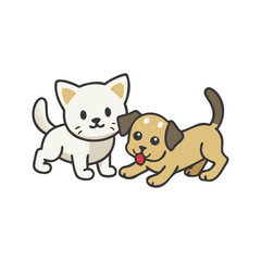 Obraz premium Cute cat and puppy friendship illustration