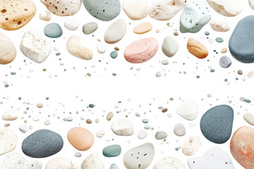 A collection of smooth rounded pebbles and small stones in various colors isolated on transparent background