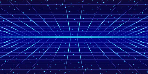 Retro cyberpunk style 80s game scene pixel art 8-bit sci-fi background. glowing neon grid and stars from vintage arcade computer games.