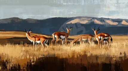 Herd of Antelopes Grazing in Afternoon Sunlight