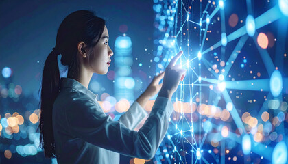 Digital Interface: A woman interfaces with a futuristic digital interface, creating a world of innovation and possibility, set against the backdrop of a modern cityscape