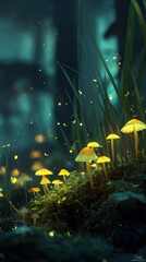 Fototapeta premium Glowing Mushrooms in a Forest Undergrowth with Fireflies and Soft Focus in a Dreamlike Ambiance