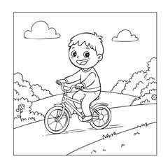 Happy Boy Riding a Bicycle Outdoors, Summer Activity Coloring Page

