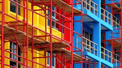 Construction activity on colorful residential buildings urban location photography modern environment close-up view urban development