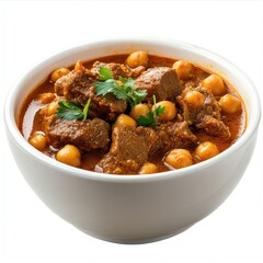 Spicy beef stew with vegetables, rice, and fresh herbs in a bowl
