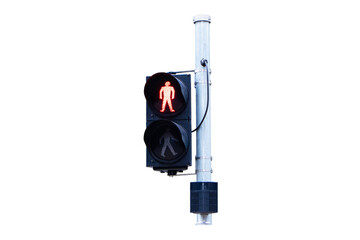 Traffic lights with green or red light lit hanging on steel pole isolated on cut out PNG or transparent background. Safety with people to travel. Sign or symbol pedestrians not allowed crossing road.