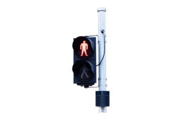Traffic lights with green or red light lit hanging on steel pole isolated on cut out PNG or transparent background. Safety with people to travel. Sign or symbol pedestrians not allowed crossing road.