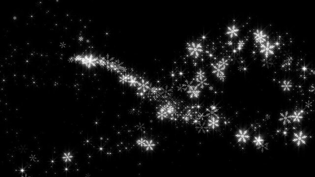 white snow flakes and stars infinity trail alpha channel loop animation, shiny and glitter snow sparks, Christmas and new year holiday overlay motion design element	